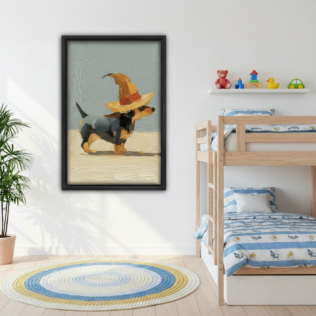 Black framed fun dachshund in a golden witch hat oil painting canvas hung in a cheerful kids bedroom beside a wooden bunk bed with blue striped bedding, a colorful round rug, and toy shelf with a teddy bear and rubber duck