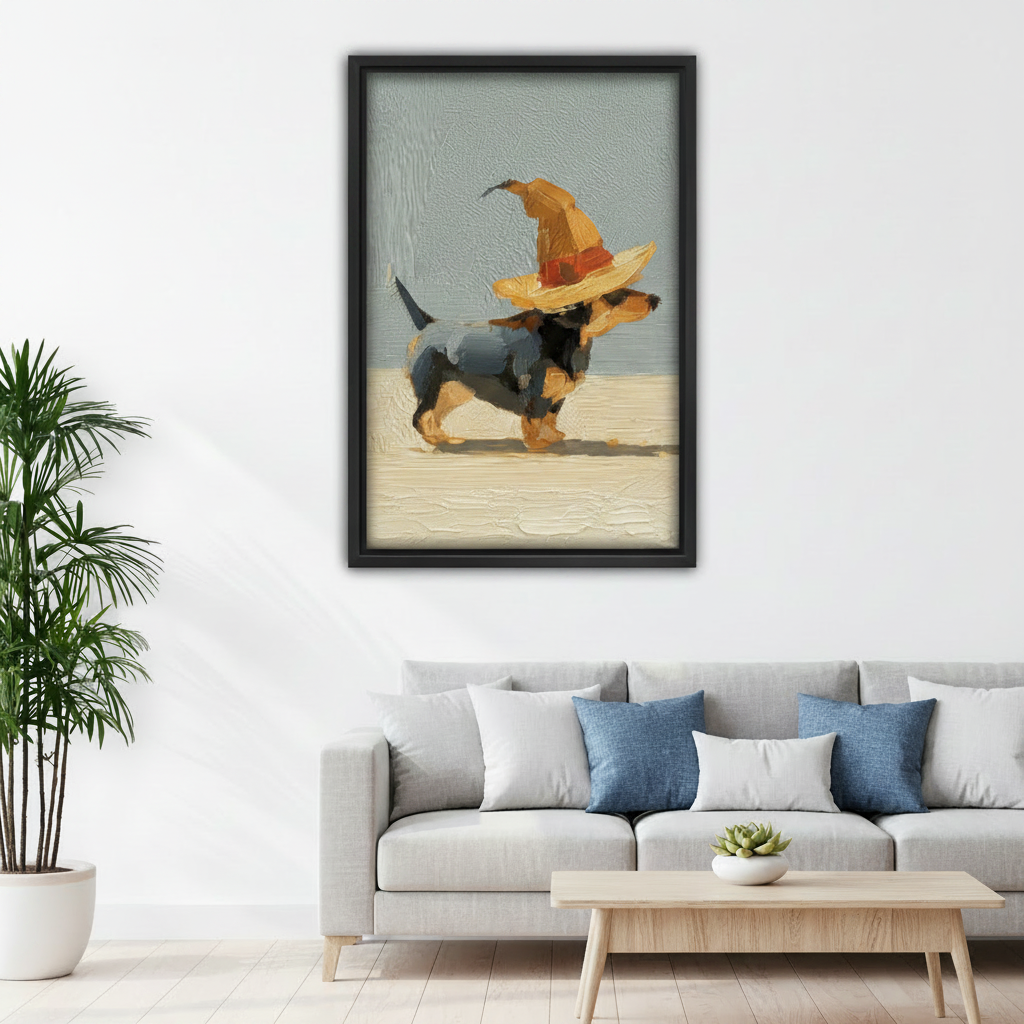 Black framed whimsical dachshund witch hat canvas print hung above a light grey linen sofa with blue accent cushions in a bright Scandinavian living room, featuring a strutting sausage dog in a golden pointed hat in bold impasto oil painting style