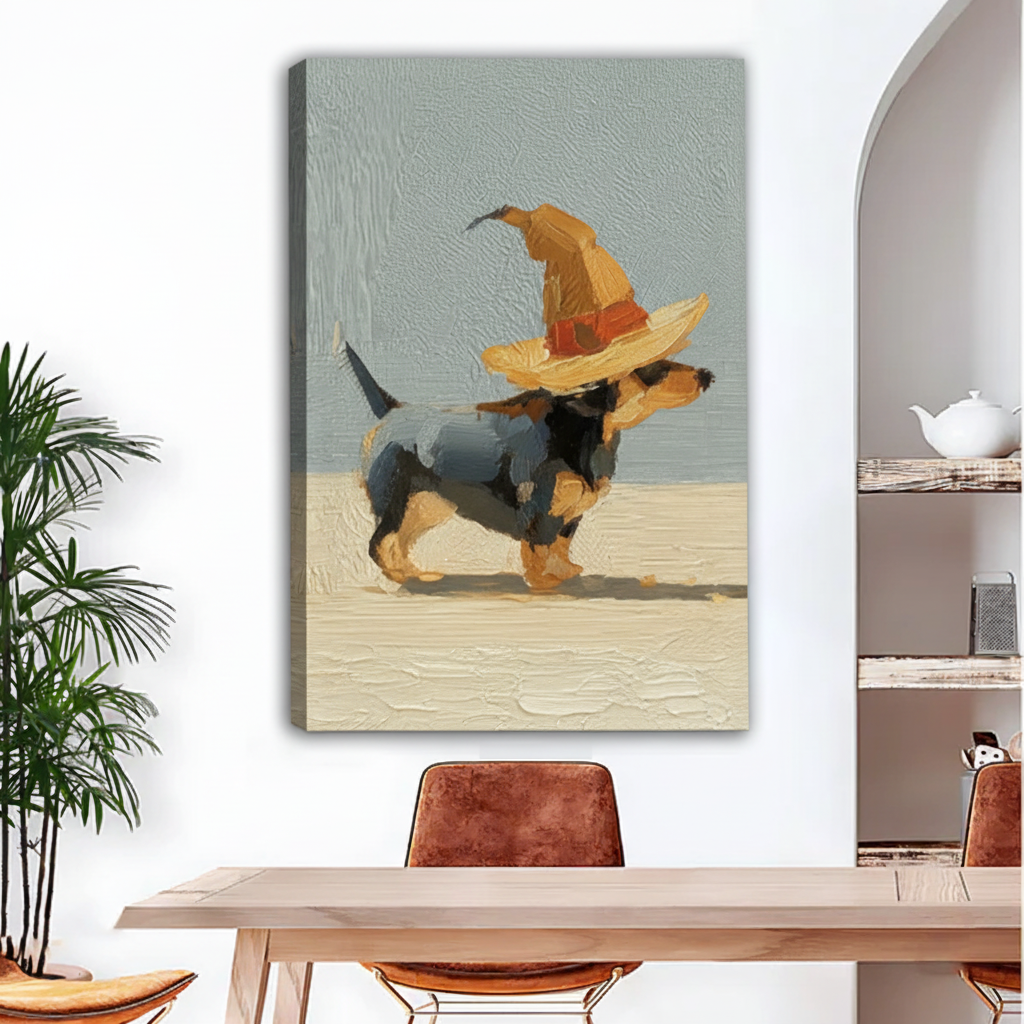 Frameless gallery-wrap canvas of a strutting black and tan dachshund wearing an oversized golden witch hat with an orange band, painted in thick impasto oil style on a warm cream and sage background, displayed above a light wood dining table with leather chairs