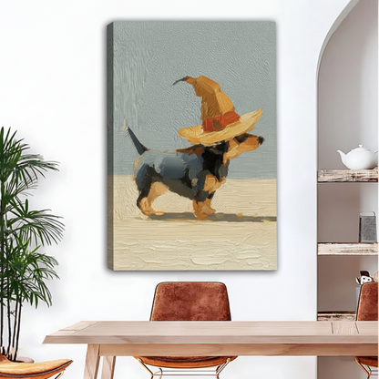 Frameless gallery-wrap canvas of a strutting black and tan dachshund wearing an oversized golden witch hat with an orange band, painted in thick impasto oil style on a warm cream and sage background, displayed above a light wood dining table with leather chairs