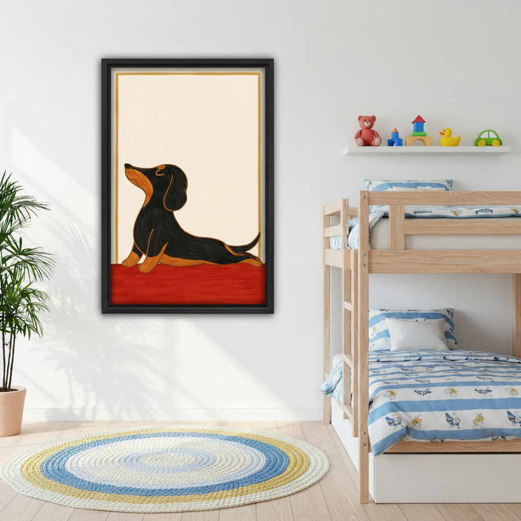 Folk art dachshund in yoga stretch pose canvas print in cozy bedroom, cream red minimalist wall decor