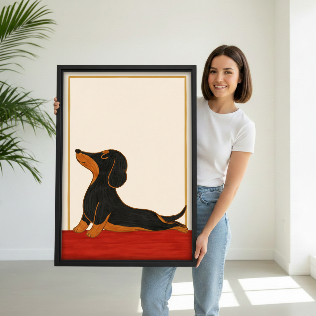 Woman holding large black framed dachshund yoga stretch minimalist canvas print, dog lover gift