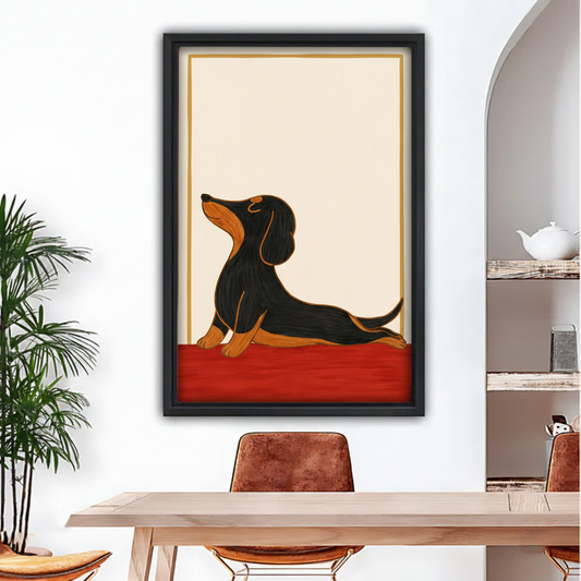 Black framed minimalist dachshund yoga stretch folk art canvas wall art, dining room decor