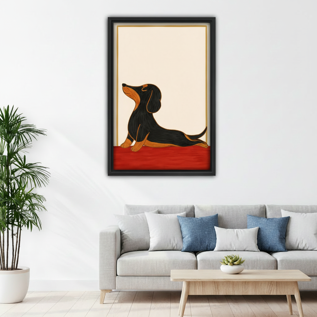 Minimalist black dachshund stretch folk art framed canvas above sofa in modern living room