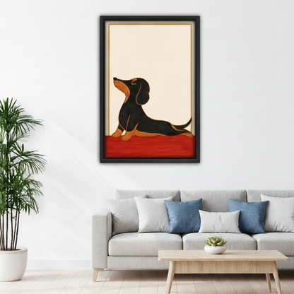 Minimalist black dachshund stretch folk art framed canvas above sofa in modern living room