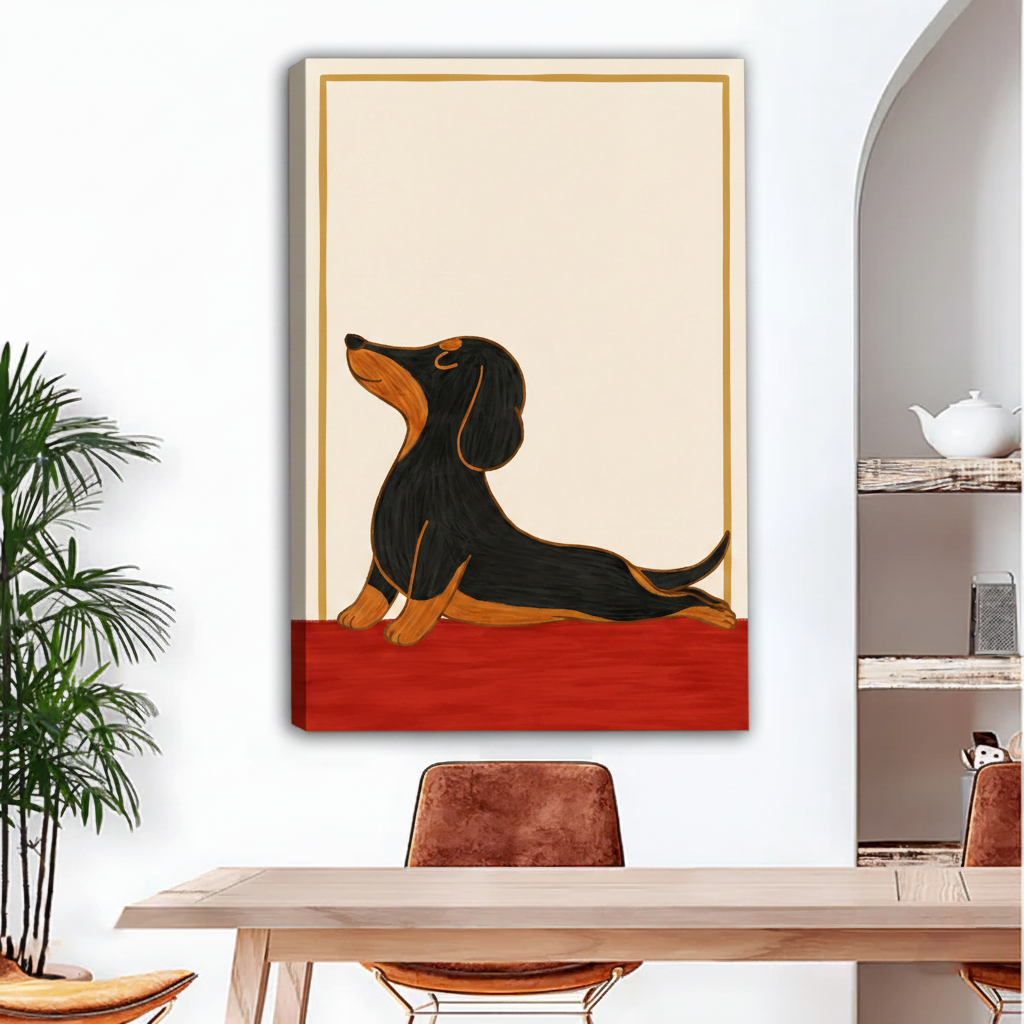 Frameless gallery wrap canvas print of black tan dachshund in stretch pose, minimalist folk art wall decor