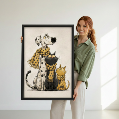 Frameless gallery wrap canvas of a whimsical dalmatian and cat trio in matching polka dot scarves with visible wrapped edges hung in a contemporary living space with plants