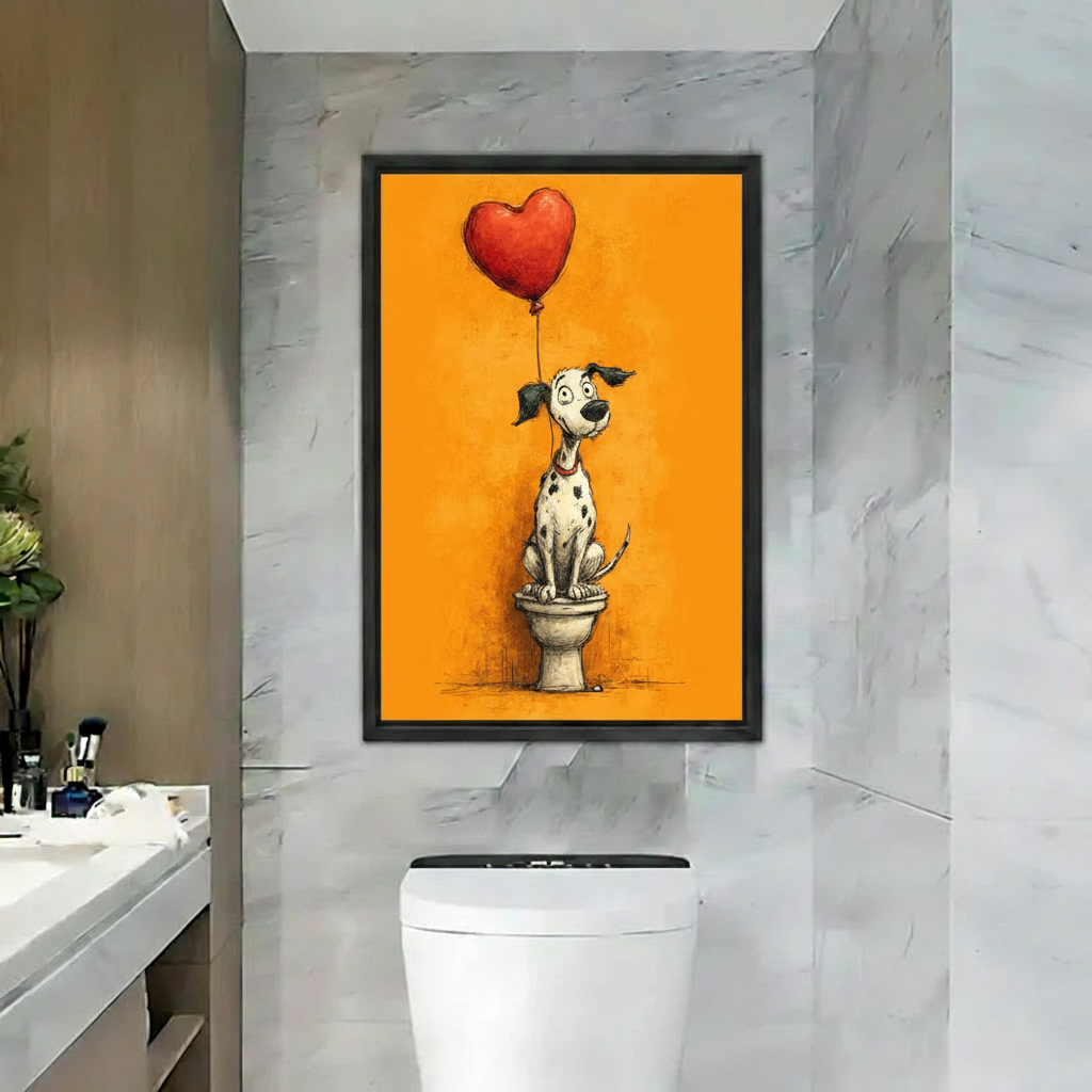 Black framed art poster featuring a cartoon Dalmatian dog on a toilet with a red heart-shaped balloon on vibrant orange background, hung above toilet in a luxury marble bathroom