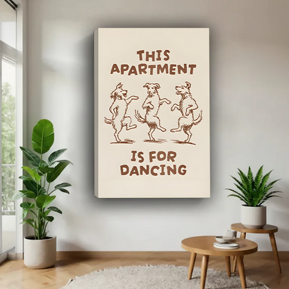 Dancing dogs apartment canvas wall art displayed without a visible frame beside plants in a bright room