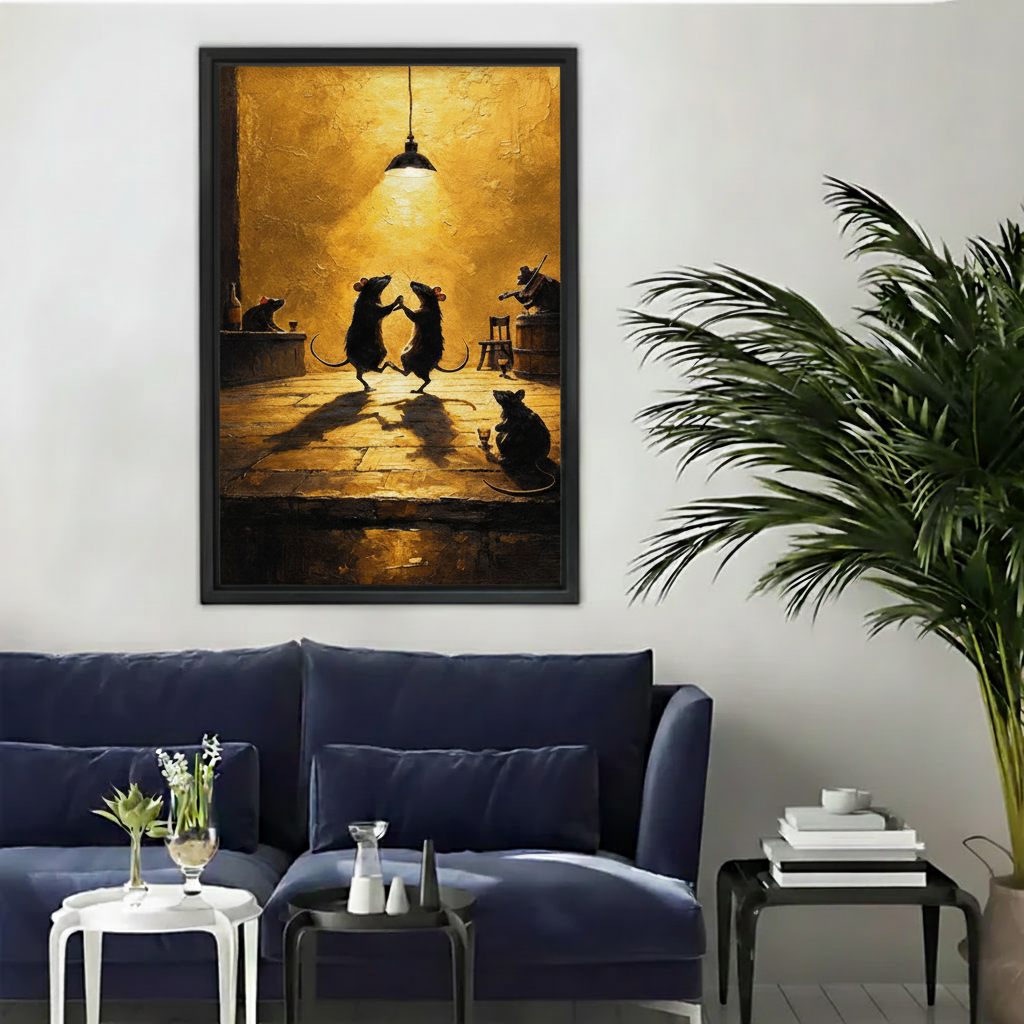 Dancing mice canvas wall art in a black frame displayed above a modern blue sofa.
