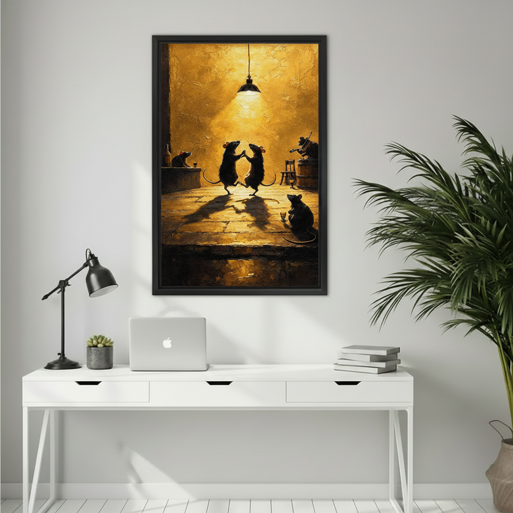 Dancing mice canvas wall art bringing warm golden tones to a bright home office.