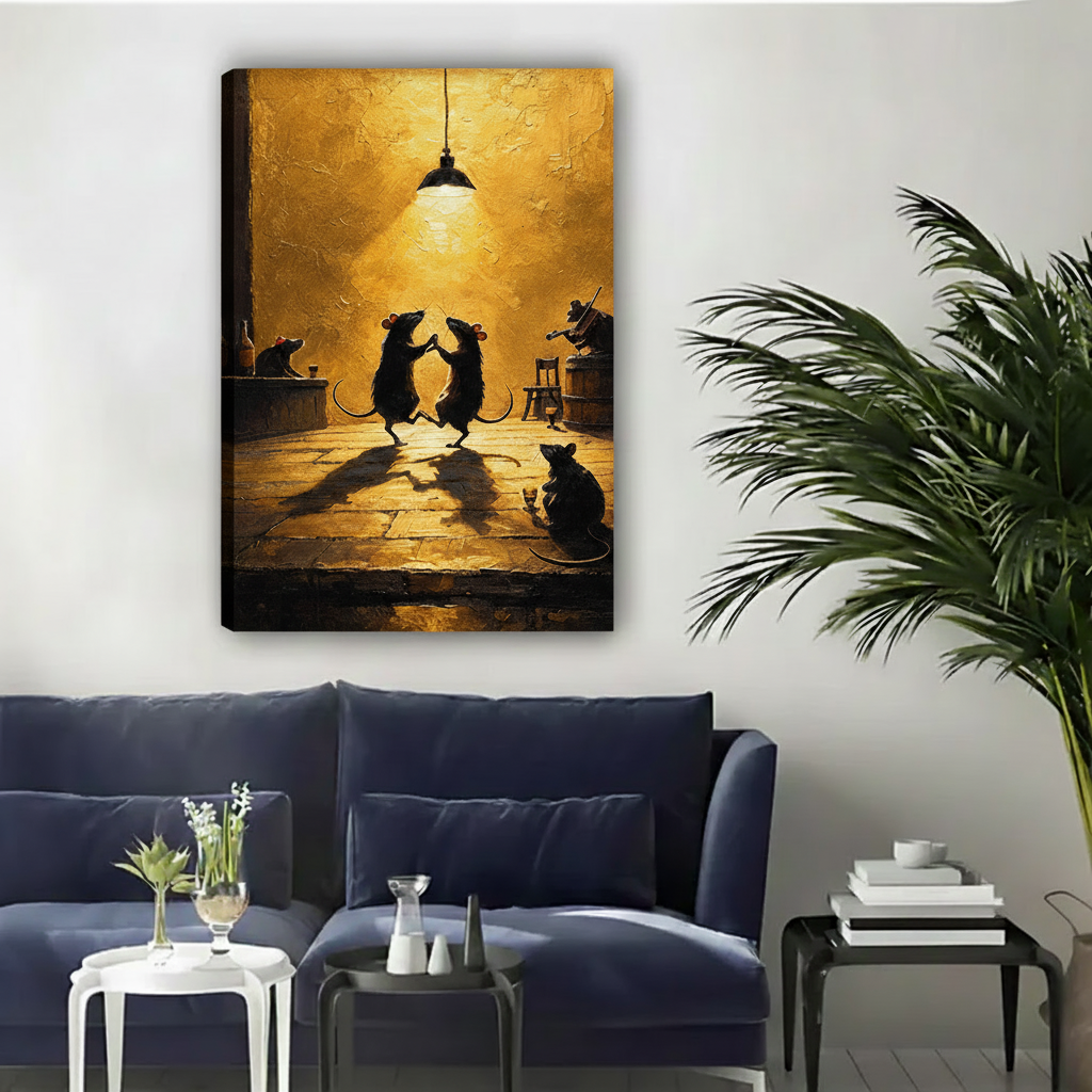 Dancing mice canvas wall art with gallery-wrap edges above a dark blue living room sofa.