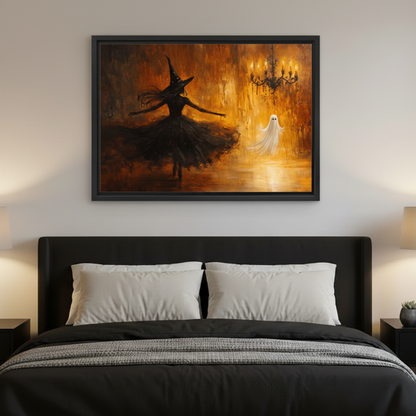 Witch silhouette in black dress and pointed hat dancing before a glowing ghost in amber candlelit ballroom framed canvas above dark bed with white pillows