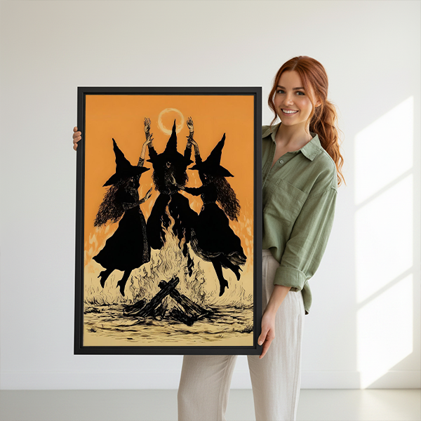 Black framed dancing witches canvas wall art with vintage Halloween imagery displayed above a cream living room sofa.
