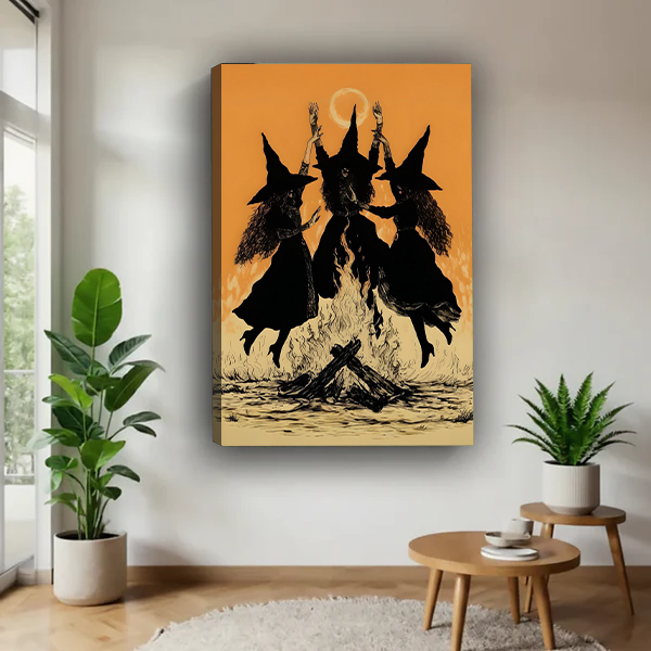 Woman holding framed dancing witches canvas wall art featuring black silhouettes, a bonfire, and an orange sky.
