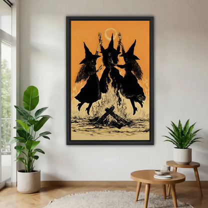Vintage dancing witches canvas wall art without an outer frame, showing three witches around a bonfire beside houseplants.