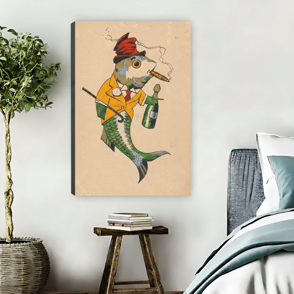 Vintage dapper fish in yellow suit with cigar and champagne bottle gallery wrap canvas displayed in rustic bedroom