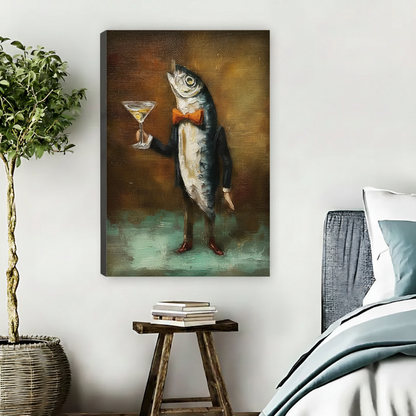 Vintage dapper fish martini canvas wall art displayed in cozy bedroom beside plant and wooden stool