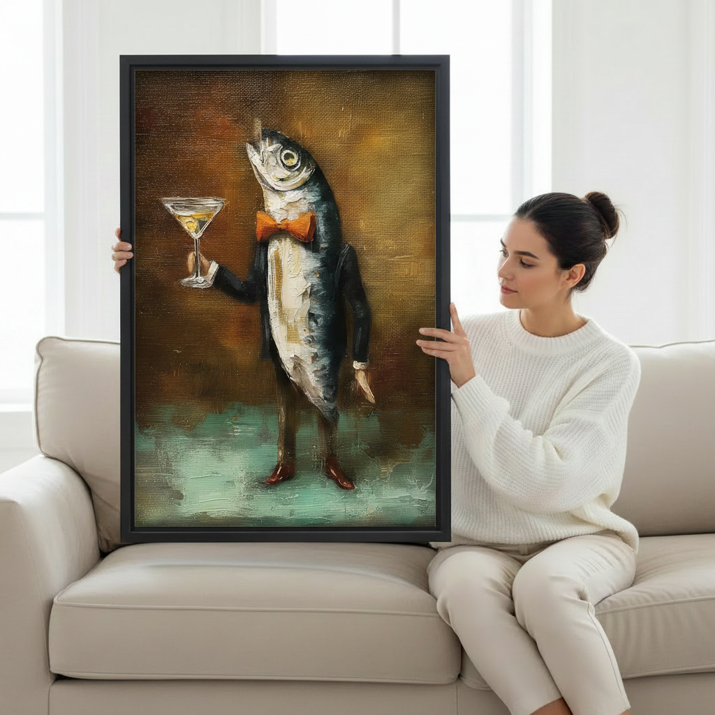 Woman holding large framed vintage fish in suit martini canvas print on white sofa background