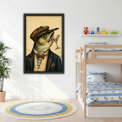 Dapper fish in bow tie holding martini glass framed canvas wall art on white wall in kids bedroom	