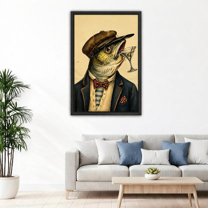 Vintage illustration fish with martini framed canvas wall art above gray sofa in modern living room