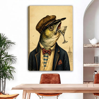 Vintage illustration dapper fish in suit gallery wrap canvas wall art in dining room with palm plant
