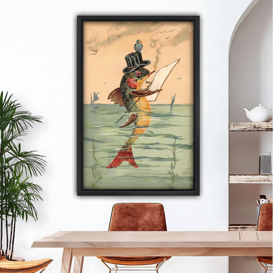 Framed canvas print of a whimsical Victorian fish in a top hat with a fishing rod, black frame, dining room wall decor