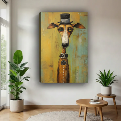 Gallery wrap canvas print of a whimsical greyhound portrait wearing a black top hat and buckled collar on a distressed yellow-green background, frameless display in a light living space with greenery