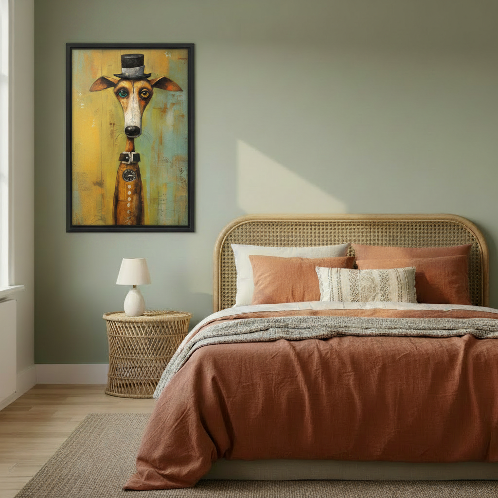 Framed portrait art print of an anthropomorphic greyhound in a black top hat and leather collar with mismatched eyes, hung on a sage green bedroom wall above a rattan bed with terracotta bedding