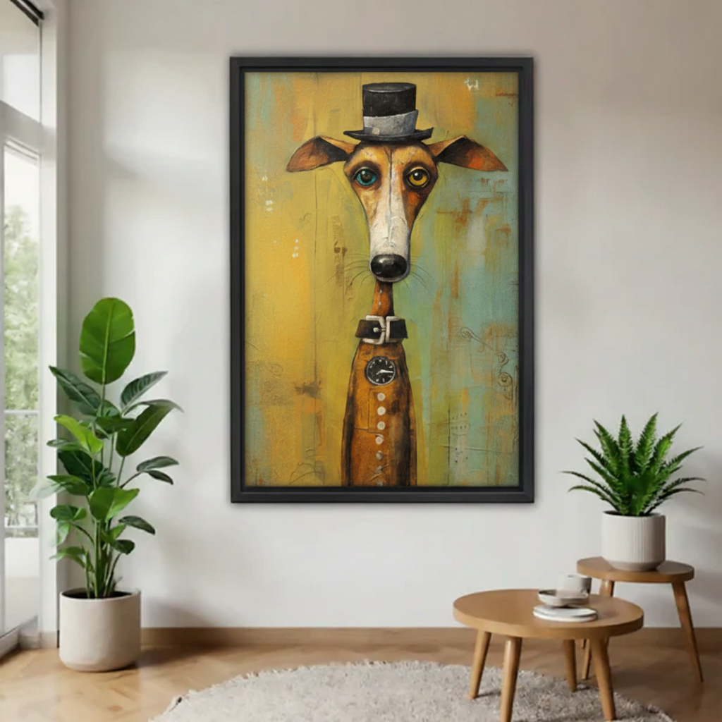 Vertical framed oil-texture painting of a distinguished greyhound in a top hat and brown vintage vest with pocket watch detail, styled in a minimalist hallway with indoor plants and side table