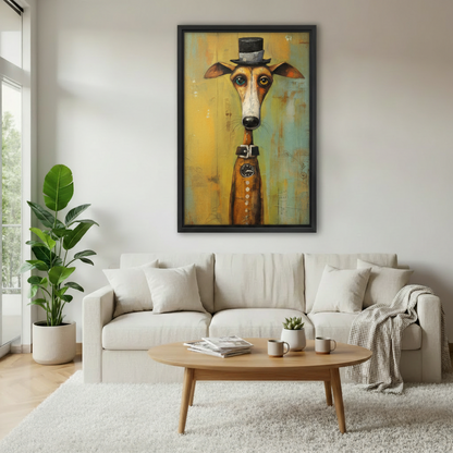 Framed oil painting wall art of a dapper greyhound wearing a black top hat and vintage waistcoat with a pocket watch, displayed above a cream sofa in a bright modern living room
