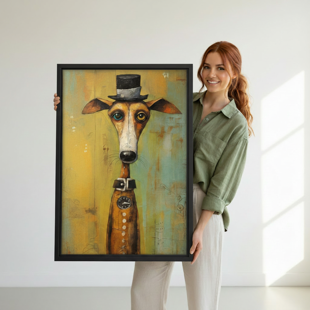 Woman holding a large framed art print of a dapper greyhound with a black top hat, leather collar, and vintage waistcoat with pocket watch, showcasing print size and black frame finish