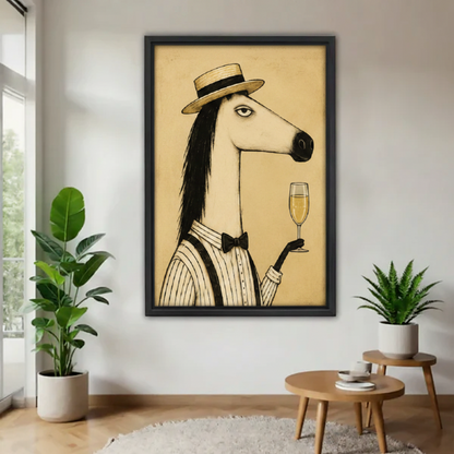 Whimsical horse in boater hat holding champagne glass framed canvas wall art on white wall with plants