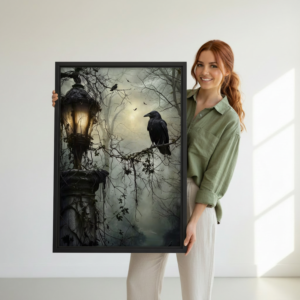 Woman holding vertical framed canvas of black raven on bare branches beside ornate glowing Victorian street lantern in moody foggy forest with pale moon