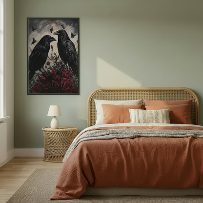 Two black ravens amid crimson roses and flying birds in stormy sky framed canvas on sage green wall above rattan bed with terracotta pillows and woven bedside table