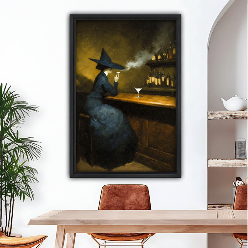 Dark academia witch bar canvas wall art in black frame with smoky martini scene hanging in dining room