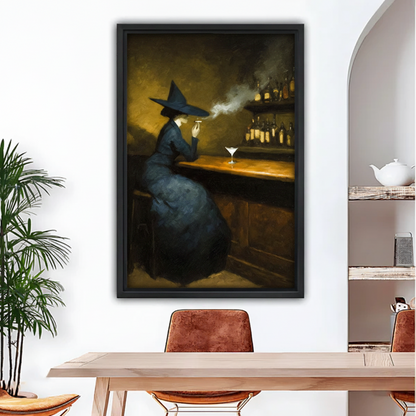 Dark academia witch bar canvas wall art in black frame with smoky martini scene hanging in dining room