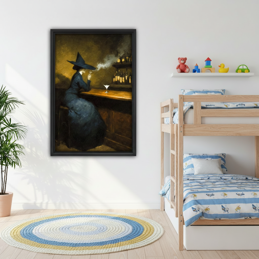 Dark academia witch bar canvas wall art in black frame hanging in kids bedroom beside wooden bunk bed