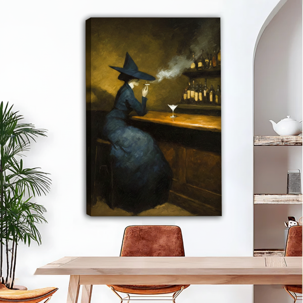 Dark academia witch bar canvas wall art unframed gallery wrap with moody amber tones above dining table