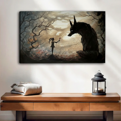 Unframed dark fantasy canvas of girl offering flower to shadow beast in haunted forest above wooden console table