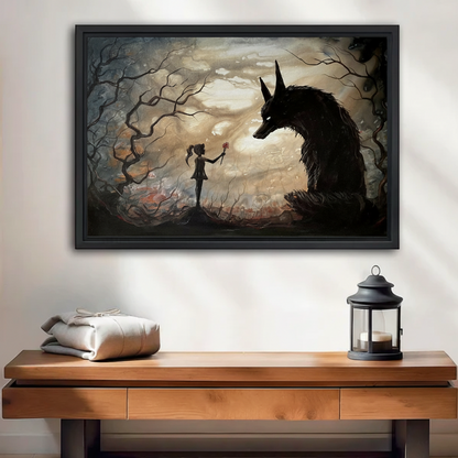 Dark fantasy girl and shadow beast framed canvas wall art hung above entryway console table with lantern decor