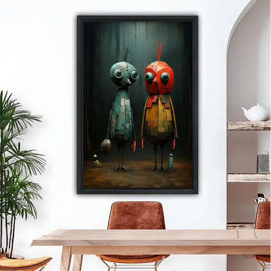 Dark fantasy robot bird family canvas wall art close-up showing teal and red mechanical bird detail