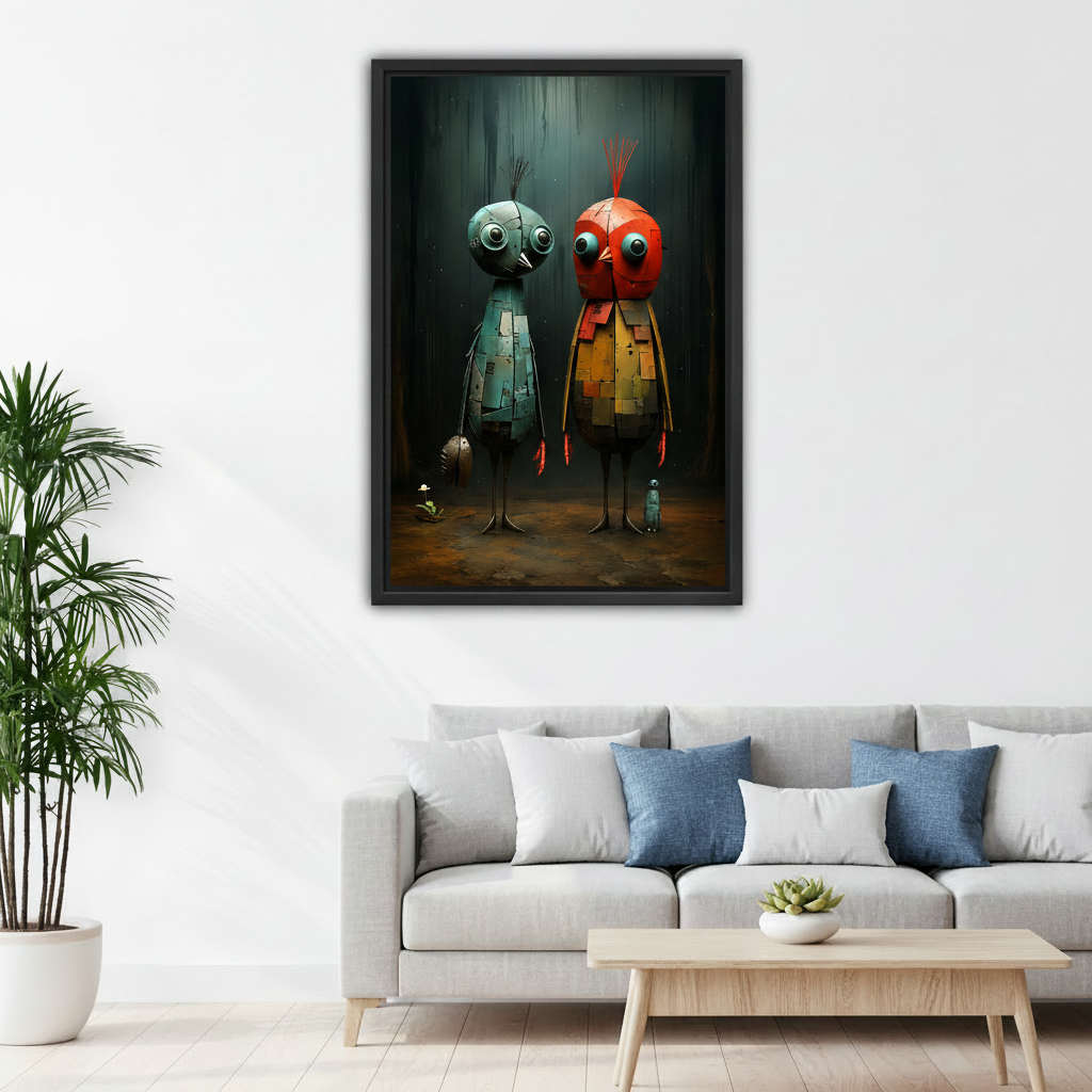 Dark fantasy robot bird canvas wall art displayed as atmospheric statement piece in modern living room