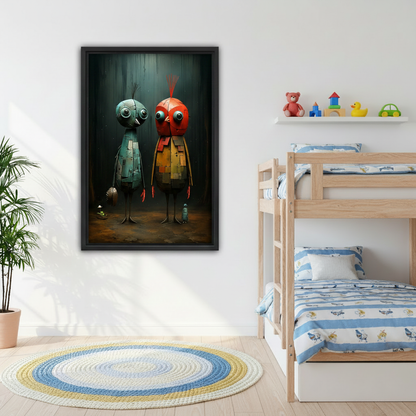 Framed dark fantasy robot bird family canvas wall art with black frame above dining table