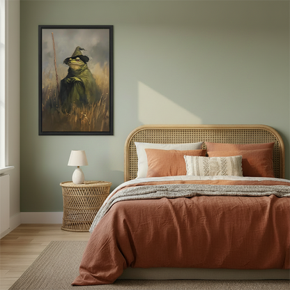 Dark fantasy wizard frog canvas wall art in black frame displayed on sage green wall above a rattan bed in a cozy boho bedroom