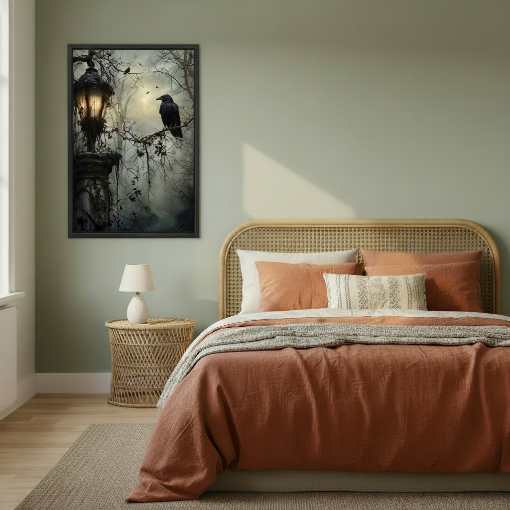 Black raven on bare gnarled branches beside glowing Victorian gas lantern wrapped in ivy in teal misty forest with pale moon framed canvas above rattan bed with terracotta bedding