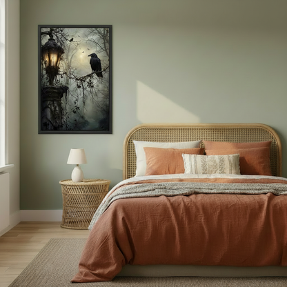 Black raven on bare gnarled branches beside glowing Victorian gas lantern wrapped in ivy in teal misty forest with pale moon framed canvas above rattan bed with terracotta bedding