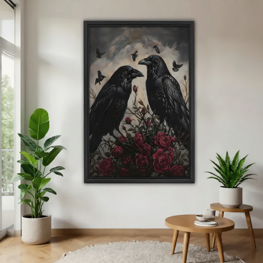 Two majestic black ravens surrounded by lush crimson roses and scattered flying birds in a dramatic stormy sky framed canvas above round wood coffee table with green plants