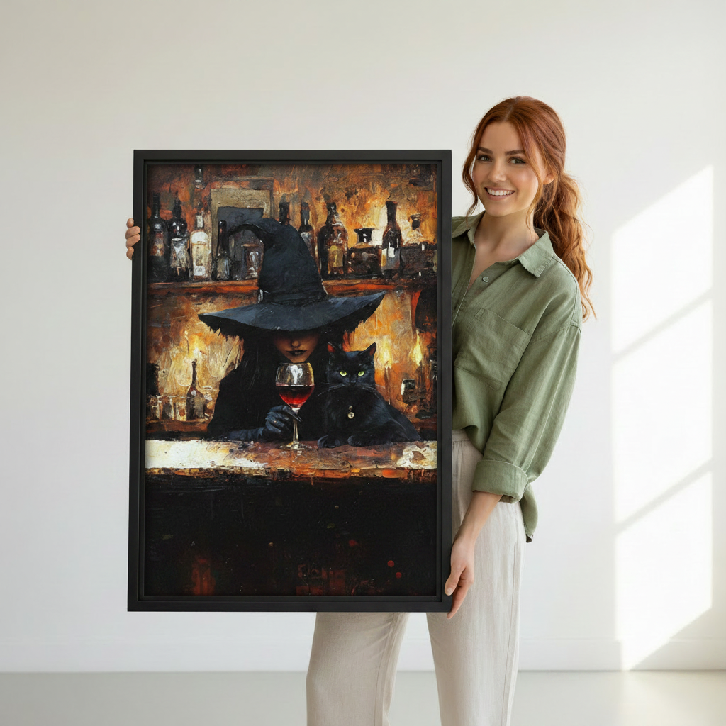 Smiling woman holding large framed dark witch black cat canvas wall art showing print size and detail