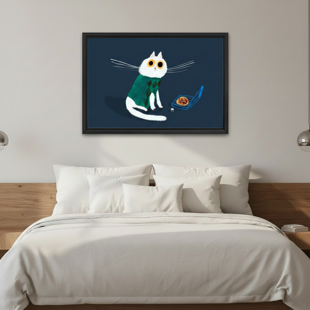 Funny cat pizza whimsical canvas print — woman holding framed art in a bright modern interior